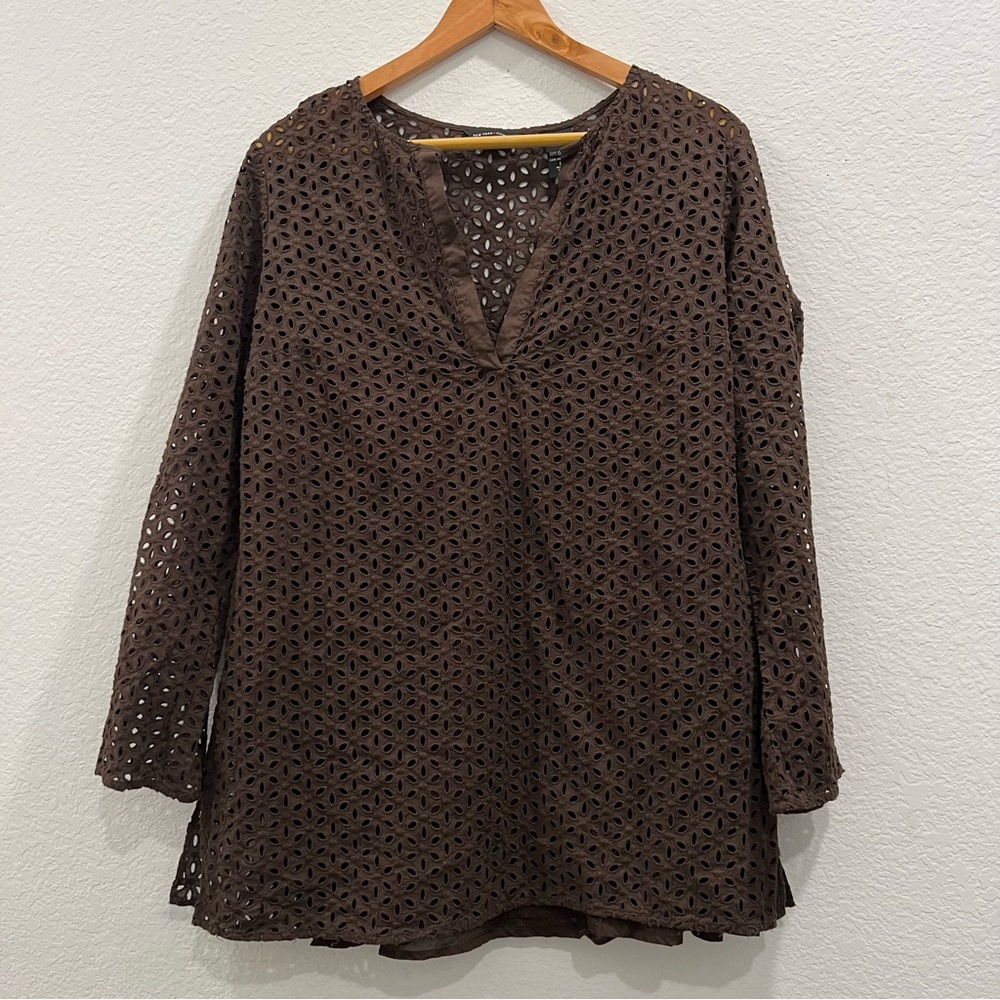 New York‎ & Co Brown Eyelet 100% Cotton Lined Tunic Long Sleeve, V Neck Large